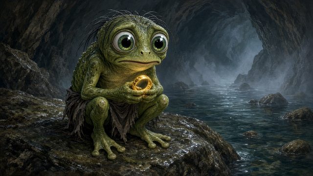FWOG, The Cave Lurker ($FWOG): big-eyed green frog on a cave rock clutching the $NAZG ring